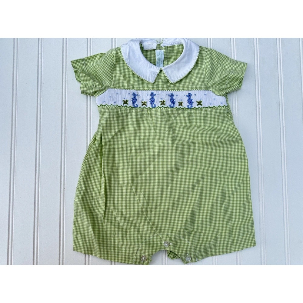 Vive La Fete Bebe Collection smocked Short Bubble Romper Seahorse Green Gingham